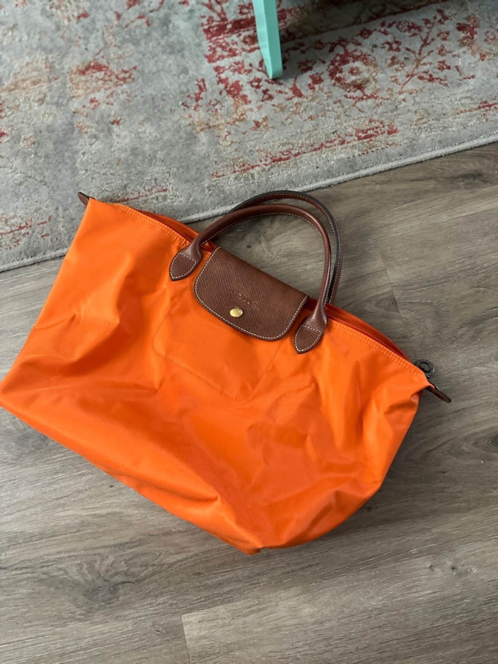 Longchamp Le Pliage Orange Tote Bag Brown Leather Trim Medium/Large